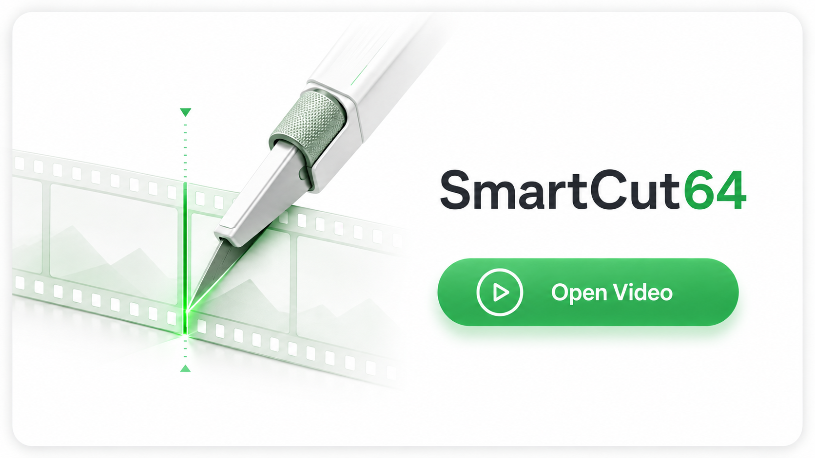 SmartCut64 opening screen with a film strip being cut and an Open Video button