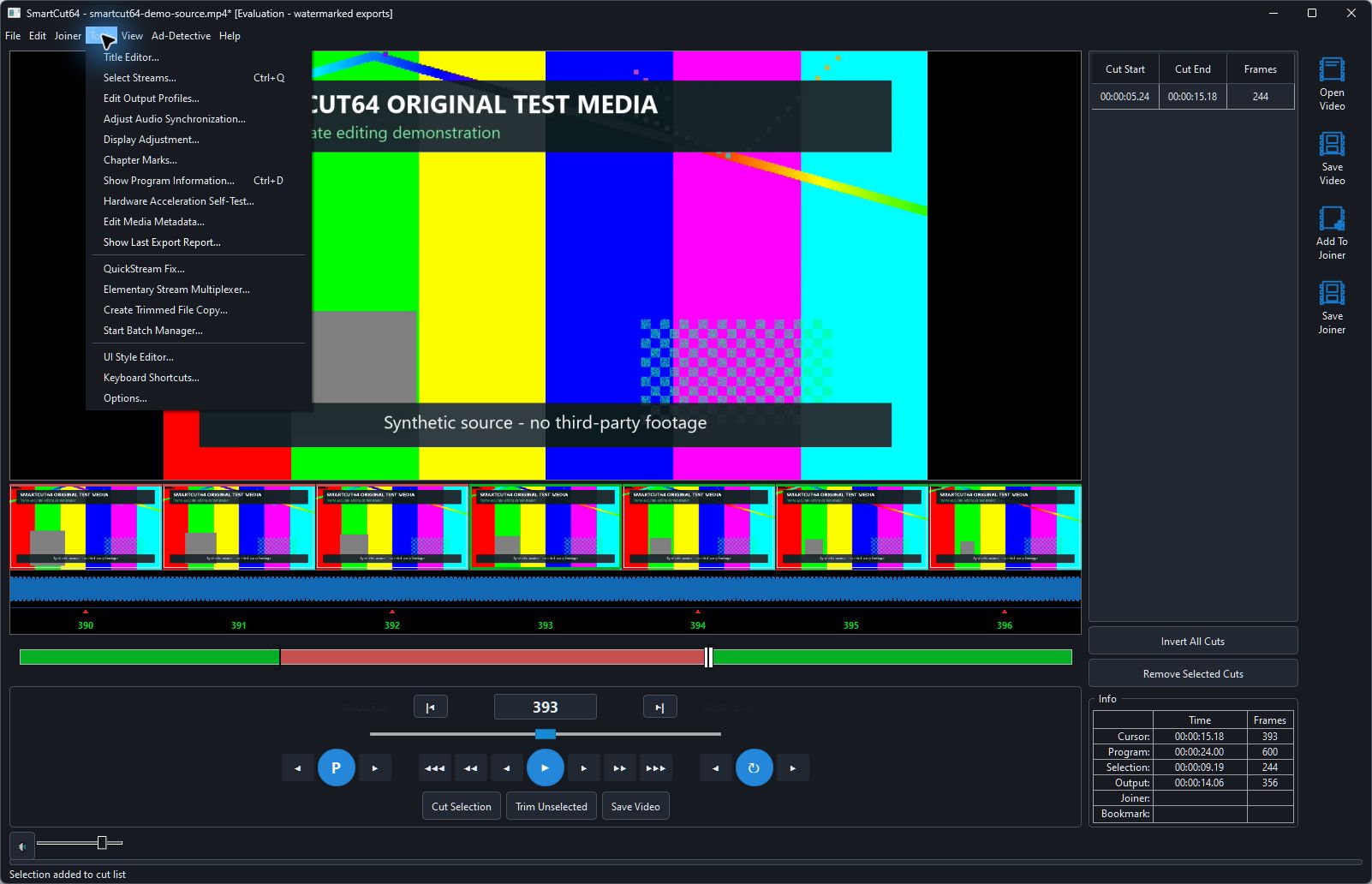 SmartCut64 Tools menu containing Select Streams and other production tools